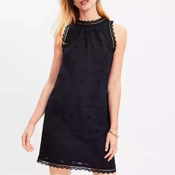 Loft Petite Eyelet Lace Trim Shift Dress Size 16 Black Women's